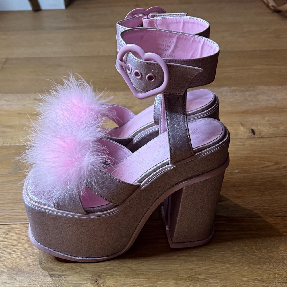 Dolls Kill Pink Fluffy Heart Platform Sandals - Picture 2 of 4